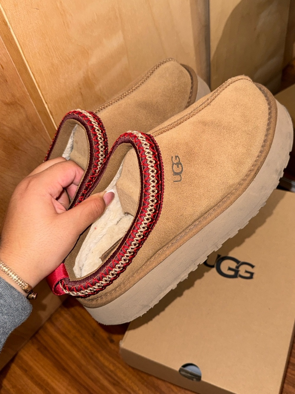 UGG Tasman Chestnut Platform Slippers with Red Trim